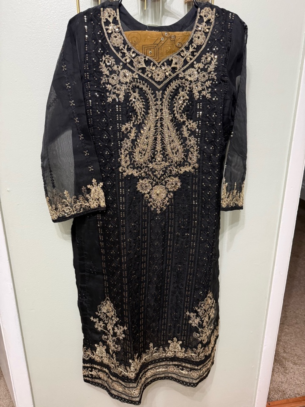 Black Embroidered V-Neck Women’s Dress with Gold Detailing